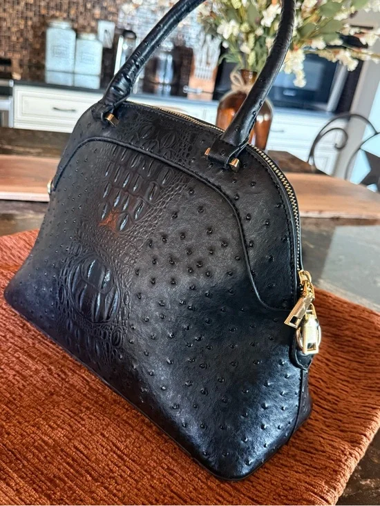 Adrienne Vittadini Embossed Satchel Handbag – Black Ostrich Croc Texture - Picture 4 of 8